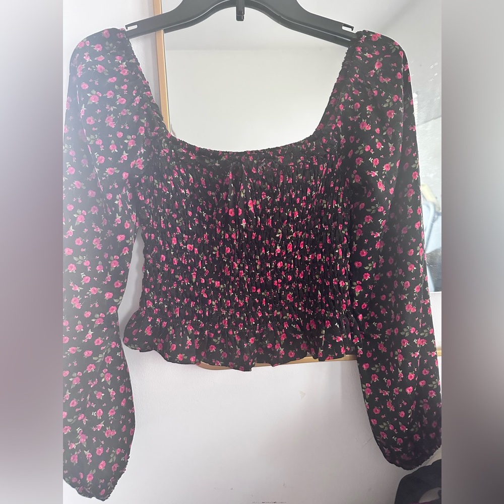 Black with Red Floral Print Square Neck Long Sleeve Blouse